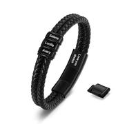Ashleymade Pulsera de Cuero para Hombre Personalizada con Nombre Pulsera Grabada de PU y Acero Inoxidable para Papá Esposo Regalo Día del Padre Cumpleaños Navidad (3 nombre)