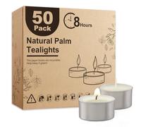 Ashlux Velas Tealight de Cera de Palma, 50 Unidades Blancas, 8-9h de Larga Duración, Sin Humo y Sin Olor, Con Portavasos de Aluminio, Sin Parafina para Boda, Fiesta y Decoración del Hogar