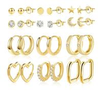 ASH'S CHOICE 12 Pares Pendientes Mujer Aro Oro 14K Luna y Estrellas Mixtos