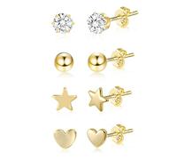 ASH'S CHOICE 4 Pares Pendientes Mujer Oro 14K Corazón Estrella y CZ Poste