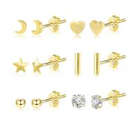 ASH'S CHOICE 6 Pares Pendientes Poste Oro 14K Liso y Circonita para Mujer