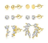 ASH'S CHOICE - Pendientes de plata 925 para mujer, 6 pares de pendientes de plata 925, juego de pendientes pequeños, multipack con brillantes de circonio, hoja de estrella, luna, bola, pendientes