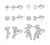 ASH'S CHOICE Pendientes de plata 925 para mujer, 6 pares de pendientes de plata 925, juego de pendientes pequeños, multipack con brillantes de circonio, hoja de estrella, luna, bola, pendientes