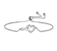 ASH'S CHOICE Pulseras De Plata Para Mujer De 11.0 In Clásicas De Circonita Cúbica Brillante Con Forma De Corazón Infinito, Pulsera Ajustable Para Mujeres y Niñas, Regalos De Joyería