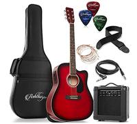 Ashthorpe Paquete de guitarra eléctrica acústica Dreadnought Cutaway de tamaño completo con amplificador de 10 W, color rojo