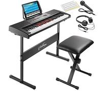 Ashthorpe Teclado electrónico digital de 61 teclas con teclas iluminadas, incluye soporte, banco, auriculares, micrófono y pegatinas para teclado