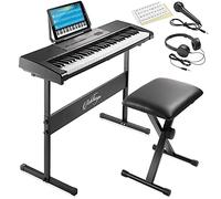Ashthorpe Teclado electrónico digital de 61 teclas, piano, kit para principiantes con soporte, banco, auriculares, micrófono y pegatinas para teclado