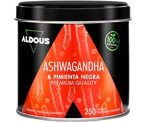 Ashwagandha en cápsulas 2160mg - 250 Cápsulas - Orgánica con Pimienta Negra | Raíz de Ashwagandha con Pimienta Negra - Sin Aditivos - Withania Somnifera Alta Absorción - Certificación Ecológica - ALDOUS