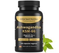 Ashwagandha KSM-66, Materia prima premium, 600 mg por día, 180 cápsulas (para 3 meses), probado en laboratorio, vegano, altamente dosificado y fabricado en Alemania