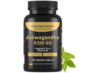 Ashwagandha KSM-66, Materia prima premium, 600 mg por día, 180 cápsulas (para 3 meses), probado en laboratorio, vegano, altamente dosificado y fabricado en Alemania