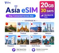 Asia eSIM 30 días 20 GB | Datos de Viaje 4G/5G a Alta Velocidad | eSIM a través de Instasim | Hotspot Compatible | Redes sociales y navegación | Solo Datos | Soporte 24/6