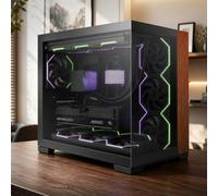 AsiaHorse Scutum Ultra ATX Panorama Mid Tower - Caja de ordenador con 6 ventiladores Nyota Pro Reverse ARGB y Umbra Hub, Back-Connect ATX, acento decorativo de madera, radiador de 360 mm, tipo C 20