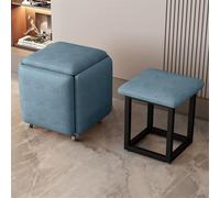Asiento de cubo 5 en 1 con ruedas giratorias, taburete otomano apilable para sala de estar y dormitorio, color azul y tela técnica, silla móvil y rodante