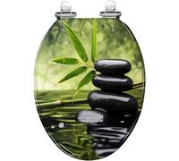 Asiento de inodoro alargado con palmeras tropicales caribeñas para el baño. | Corte alargado, estampado de palmeras tropicales, estilo costero caribeño, elemento decorativo para espacios de baño.