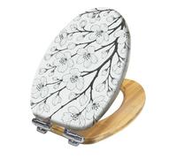 Asiento de Inodoro Alargado de Madera con Tapa Cierre Suave diseño estilizado de Ramas de Cerezo en Flor bisagras de liberación rápida fácil instalación Accesorio Decorativo para el bañ