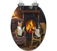 Asiento de inodoro alargado de resina con diseño decorativo de chimenea, estampado de gato y perro, con tapa, bisagras de liberación rápida, fácil instalación y cierre silencioso.