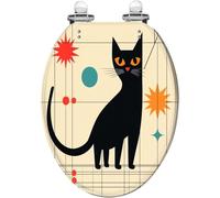 Asiento de inodoro alargado de resina con diseño geométrico de gato negro, | Detalle de ojos de gato naranjas, bisagras de liberación rápida con tapa, fácil de instalar y limpiar, elemento decorativo