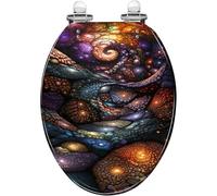 Asiento de inodoro alargado de resina con tapa. Diseño abstracto de cuerpos celestes y viaje cósmico. Azulejos de arte espacial. Fácil instalación. Cierre silencioso. Bisagras de liberación