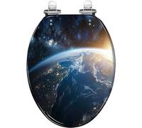 Asiento de inodoro alargado de resina con tapa, espacio exterior, planeta, sol, estrellas, elementos de la Vía Láctea, cierre lento y silencioso, bisagras de liberación rápida, fácil de limpiar e