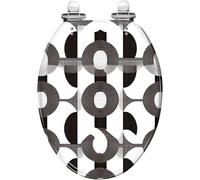 Asiento de inodoro alargado de resina de ajuste universal, color negro y blanco, elegante, geométrico, sin costuras, texturizado, cierre lento, silencioso, bisagras de liberación rápida, parachoques