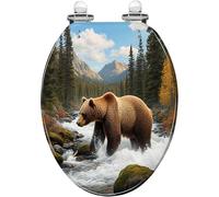 Asiento de inodoro alargado de resina genérico para baño doméstico | Diseño de oso grizzly en el bosque otoñal, elemento decorativo para el baño, compatible con inodoros alargados estándar.