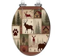 Asiento de inodoro alargado de resina para baños de cabina | Diseño rústico de animales salvajes del bosque: alces, ciervos y osos. Bisagras de cierre suave y liberación rápida. Fácil de