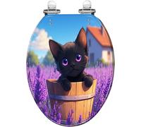 Asiento de inodoro alargado decorativo con tapa, diseño de gato negro, lavanda, primavera, jardín, resina de arpillera de doble cara, cierre silencioso, bisagras de liberación rápida, fácil de limpiar