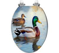 Asiento de inodoro alargado decorativo de caza, par de patos en aguas serenas, resina colorida, cierre silencioso, bisagras de liberación rápida, fácil de limpiar