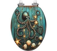 Asiento de inodoro alargado decorativo Serene Sea Harmony Octopus Starfish Shell Art Resin con tapa, fácil de instalar, cierre silencioso, bisagras de liberación rápida