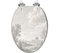 Asiento de inodoro alargado para baño | Cuadro con estampado vintage de paisaje, árbol, nube y colina, cierre silencioso, bisagras de liberación rápida, fácil de