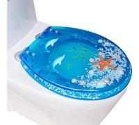 Asiento De Inodoro Azul, Tapa De WC De Cierre Suave Bisagras Ajustables Material De Resina Tapa De Tapadera WC De Liberación Rápida, Diseño Mundo Marino