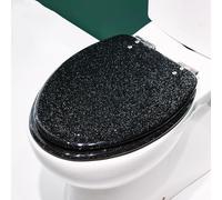Asiento de inodoro de cierre suave, tapa de resina brillante de 44 x 36,5 cm, cubierta de inodoro negra de fácil instalación, diseño antigolpes, ajuste universal de 36 x 42 cm y accesorio de baño