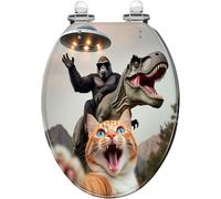 Asiento de inodoro decorativo alargado con bisagras de liberación rápida y cierre suave, diseño rústico de madera y resina, olas oceánicas japonesas, divertido diseño de gato y dinosaurio, f