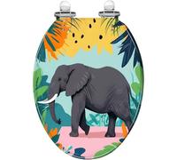Asiento de Inodoro Decorativo Alargado con Tapa Estampado de Resina con Animales de la Selva Palmeras Tropicales nórdicas Hojas botánicas y Elefantes bisagras de liberación rápida de CIE