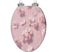 Asiento de inodoro decorativo alargado con tapa, resina blanda con delicado diseño de flor de cerezo rosa, bisagras de cierre suave y liberación rápida, fácil de limpiar e instalar.