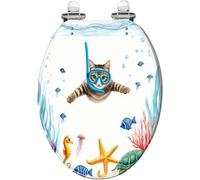 Asiento de inodoro decorativo alargado de resina con diseño de gato buceando con coral marino, bisagras de liberación rápida, fácil instalación y limpieza, con tapa para baño.