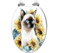 Asiento de inodoro decorativo alargado de resina con diseño de gato siamés y girasoles en acuarela, con bisagras de liberación rápida y cierre suave, fácil de limpiar e instalar, incluye tapa.
