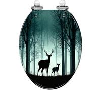 Asiento de Inodoro Decorativo Alargado de Resina con la Figura de una cierva en un Bosque Verde sin Hojas bisagras de Cierre Suave y liberación rápida con Tapa para facilitar la Limpieza