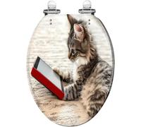 Asiento de inodoro decorativo alargado de resina con tapa, diseño de gato usando una pantalla de tableta, fácil de instalar, cierre silencioso, bisagras de liberación rápida.