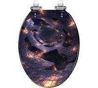 Asiento de inodoro decorativo alargado de resina con tapa, diseño de planeta reflectante del espacio místico, fácil instalación, cierre silencioso, bisagras de liberación rápida.
