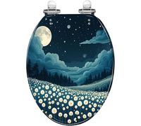 Asiento de inodoro decorativo alargado genérico de resina para baño | cielo nocturno campo diente de león nube estrellada colina boscosa estampado, bisagras de liberación rápida de cierre