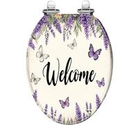 Asiento de Inodoro Decorativo Alargado: Resina Estilo casa de Campo con decoración primaveral de Flores de Lavanda y Mariposas bisagras de Cierre Suave y liberación rápida fácil de Limpiar