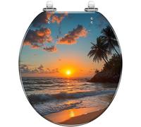 Asiento de inodoro decorativo de resina de cierre silencioso con diseño de amanecer tropical de palmera y playa de arena, bisagras de liberación rápida, fácil de limpiar e instalar