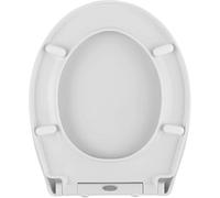 Asiento de inodoro elíptico blanco con cierre acolchado, mecanismo de liberación rápida y bisagra ajustable. Diseño de junta tórica estándar.