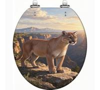 Asiento de inodoro Lion de resina con cierre suave y silencioso y bisagras | León sobre roca con puesta de sol en un cañón de fondo, tapa de cierre suave y silencioso, bisagras de liberación rápida,