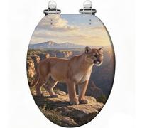 Asiento de inodoro Lion de resina con cierre suave y silencioso y bisagras | León sobre roca con puesta de sol en un cañón de fondo, tapa de cierre suave y silencioso, bisagras de liberación rápida,