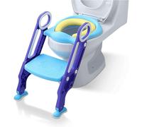 Asiento de inodoro para niños con escaleras, Aufun Escalera plegable Orinal de aprendizaje con escaleras Asiento de inodoro para bebés con cojín acolchado de PU y asas para orinal (Azul y Morado)