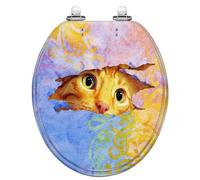 Asiento de inodoro redondo con cierre suave, divertido diseño de gato de resina en colores brillantes, diseño original, bisagras de liberación rápida, tapa silenciosa, fácil de limpiar e instalar