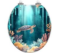 Asiento de inodoro redondo de resina con tapa para baño | Diseño de tortuga marina y coral turquesa, elemento decorativo para baño, fácil de instalar, fabricado en resina de color.