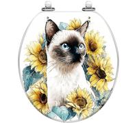 Asiento de inodoro redondo decorativo con diseño de gato girasol, bisagras de liberación rápida, tapa de cierre silencioso, fácil limpieza e instalación en resina con efecto acuarela.